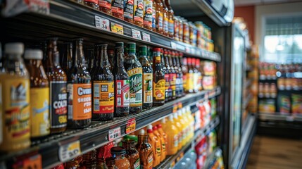 Beverage aisle filled with a variety of bottled drinks in a grocery store during daytime