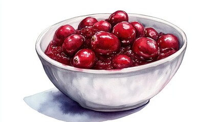 A bowl of cranberry sauce, bright and tangy with whole cranberries, festive accompaniment, isolated on white background