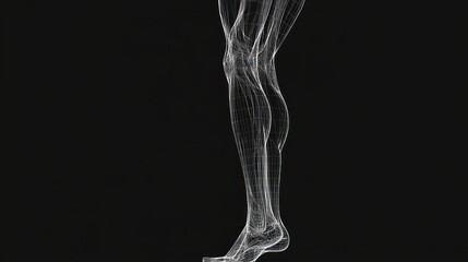 A wireframe model of a human leg, with the bones and muscles visible, isolated on a black background.