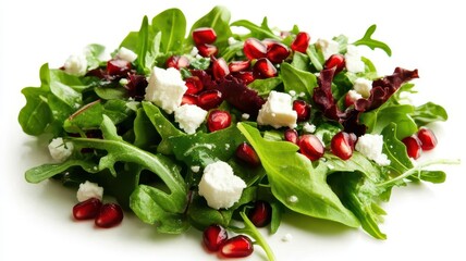 A Christmas salad, with mixed greens, pomegranate seeds, and feta cheese, light and festive, isolated on white background