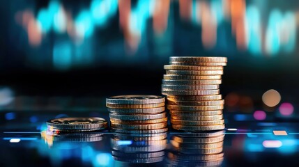 A close-up of stacked coins on a digital background, symbolizing finance, investment, and economic growth.