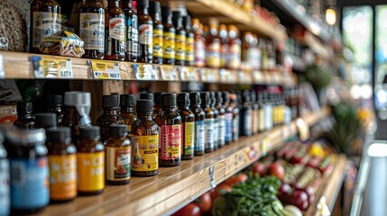 Fototapeta premium Assorted herbal oils and natural supplements displayed on shelves in a vibrant health store during daytime