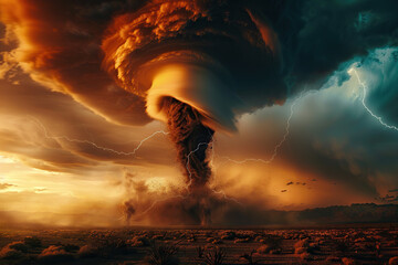 Generative ai on theme of scary ominous huge hurricane tornado, apocalyptic dramatic background
