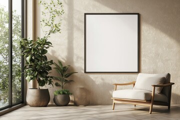 Poster Frame in Beige minimalist living room interior created with generative AI