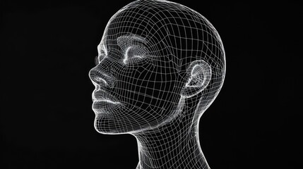 A wireframe model of a woman's head with her eyes closed.