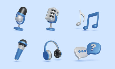 3d podcast microphone headphone music  and chat bubbles icon collection
