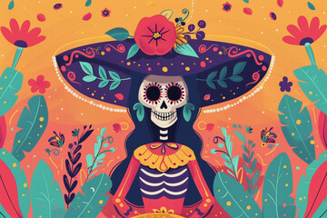 Beautiful greeting card with bright holiday composition for happy to joy celebrate dia de muertos