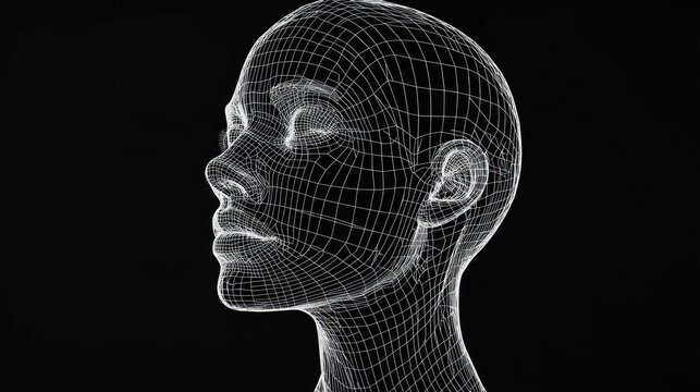 A wireframe model of a woman's head with her eyes closed.