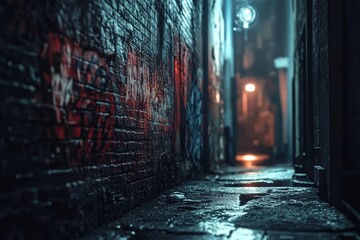 dark alley at night  narrow dirty corner of decadent old town  graffiti on grunge wall