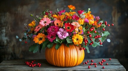 A pumpkin is filled with a colorful bouquet of flowers
