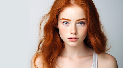 Fototapeta premium Portrait of a serious aggressive teenage girl with red long hair with perfect skin, white background, banner.