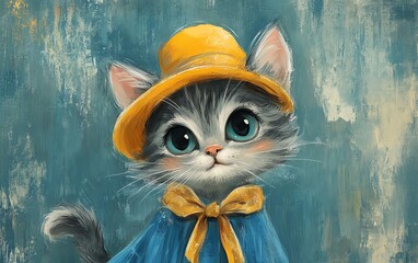 cute gray fluffy cat with a single tail, striped ears, in a blue dress and yellow hat, detailed and whimsical
