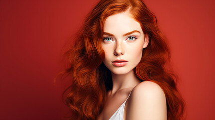Fototapeta premium Portrait of a serious aggressive teenage girl with red long hair with perfect skin, red background, banner.