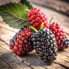 A close up shot of juicy black and red mulberries on a rustic wooden table.