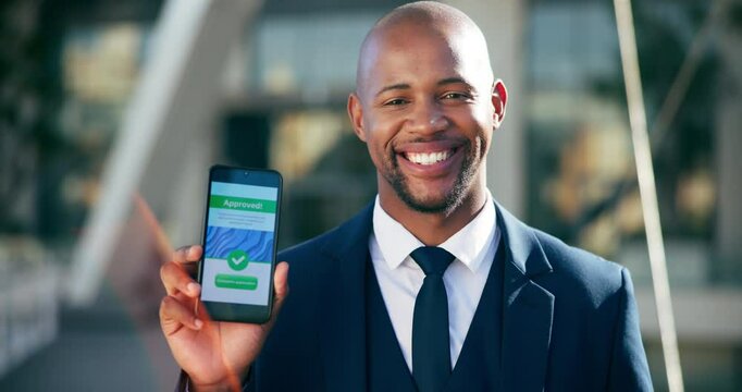 Phone screen, approve and success of business black man in city for loan system, privacy policy and website launch. Online agreement, ui interface and ai portal with portrait of person and technology