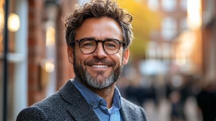 Obraz premium A smiling man with curly hair and glasses stands confidently on a vibrant street during golden hour in an urban setting