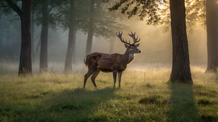 chital deer standing in a lush meadow during the sun rise 