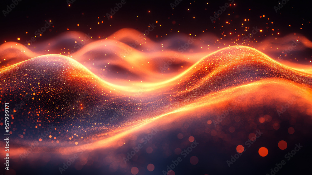 Poster dynamic abstract digital network waves with glowing particles in a futuristic setting for data conne