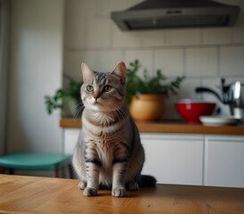 British short hair cat sitting on kitchen bench inside home waiting for dinner ai generate

