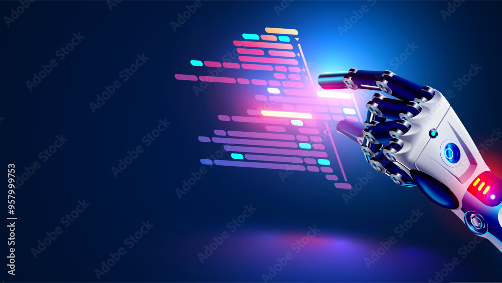Leinwandbilder AI or Artificial intelligence programmer programming program. Computer program code in AI robot hand. Machine learning for writing computer programs. Chatbot programmer assistant creates software.