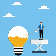 Man using watering can to fill light bulb