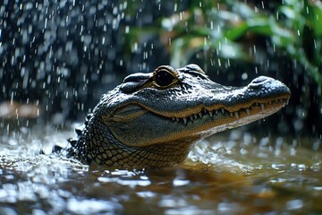Fototapeta premium Alligator Head Emerging from Water in the Rain