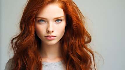 Naklejka premium Portrait of a serious aggressive teenage girl with red long hair with perfect skin, gray background, banner.