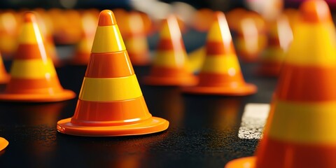 A row of bright orange traffic cones on a black asphalt surface, used to direct and control vehicle movement.