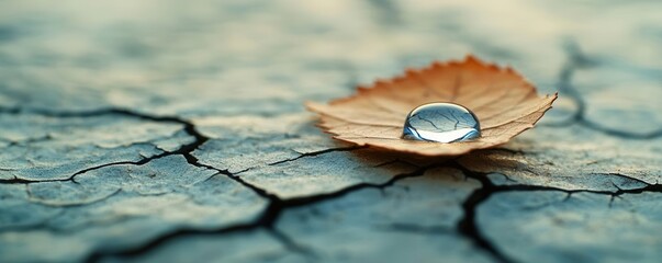 A close-up of a water droplet on a cracked leaf, symbolizing the delicate balance of water in nature