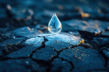 A cracked earth with a holographic water droplet hovering above, symbolizing the potential to restore the environment through water conservation