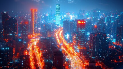 Vibrant nighttime cityscape showcasing skyscrapers and light trails in an urban area filled with bright neon colors after sunset