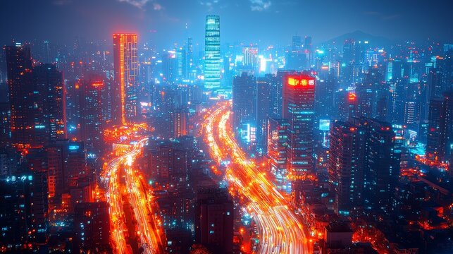 Vibrant nighttime cityscape showcasing skyscrapers and light trails in an urban area filled with bright neon colors after sunset