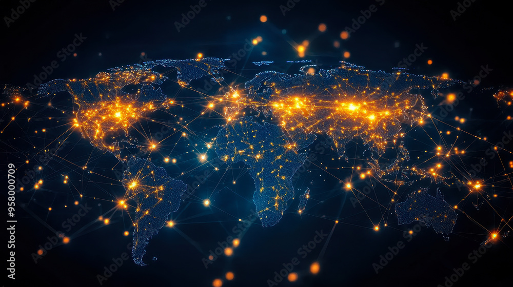 Poster global digital network map with glowing connection points and data nodes visualizing worldwide inter