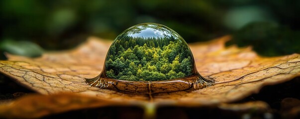 A single drop of water on a barren leaf, with the reflection of a thriving forest inside, symbolizing the potential of water to revive ecosystems