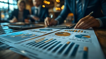 Business team analyzing data reports and financial charts during a meeting in a modern office environment late in the afternoon