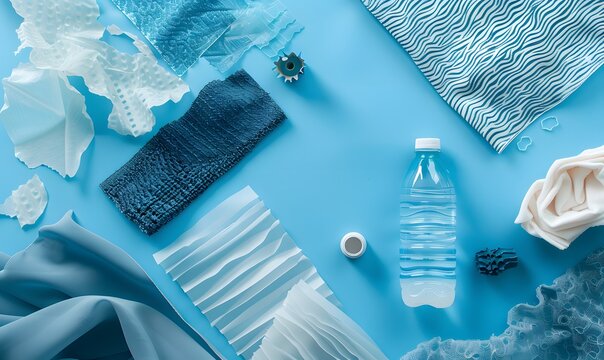 Empty plastic bottle and various fabrics made of recycled polyester fiber synthetic fabric on a blue background. 