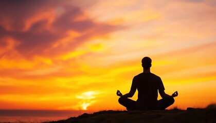 A serene silhouette of a person meditating at sunset, embodying peace and tranquility amidst vibrant colors of the sky.