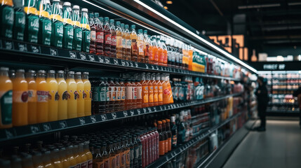 Shelves in a supermarket filled with various bottled drinks, including sodas and juices, organized and brightly lit, with a person shopping in the background.
