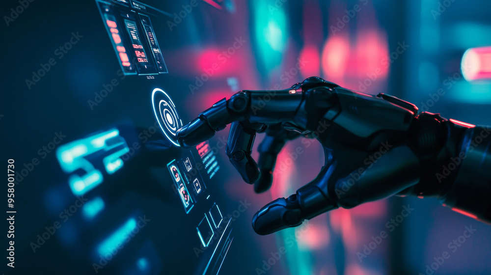 Poster a robotic hand touches a button on a virtual screen. this is an idea for how artificial intelligence