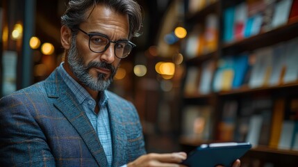 A confident man in stylish glasses uses a tablet while surrounded by books in a cozy library setting during the evening