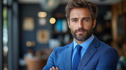 Fototapeta premium Professional man in a blue suit with a serious expression standing confidently in a modern office setting during the daytime