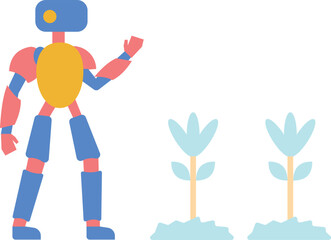 The robot is standing near the plants.