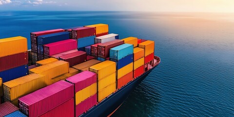 A vibrant cargo ship loaded with colorful shipping containers sailing across the serene ocean under a stunning sunset.