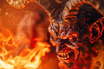 Scary sinister devil is in hell with bright fire lighting on the background
