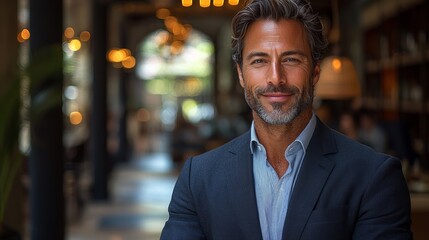 Fototapeta premium Confident professional man standing in an upscale café with elegant decor during daylight hours, showcasing a warm smile and stylish attire