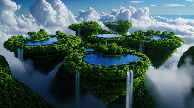 Floating Islands Paradise: A breathtaking vista of lush, verdant islands suspended amidst a sea of clouds, with cascading waterfalls and serene blue lakes, creating an ethereal and awe-inspiring lands