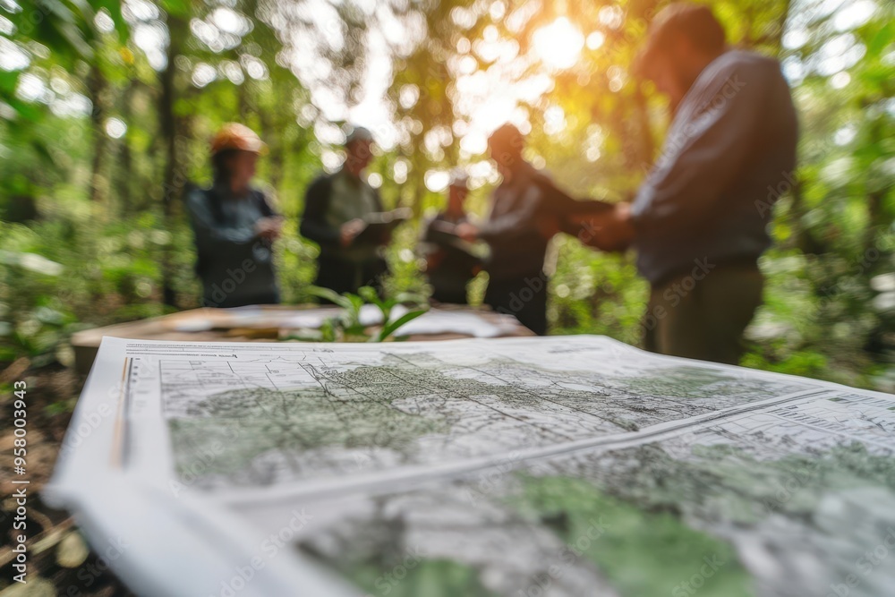 Wall mural a forest conservation strategy being discussed by a group of ecologists, with maps and data showing 