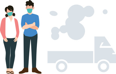 A boy and a girl are wearing masks to protect them from vehicle pollution.