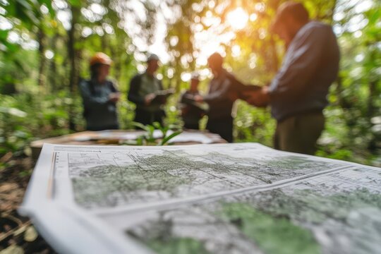 A forest conservation strategy being discussed by a group of ecologists, with maps and data showing reforestation efforts
