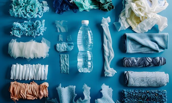 Empty plastic bottle and various fabrics made of recycled polyester fiber synthetic fabric on a blue background. 